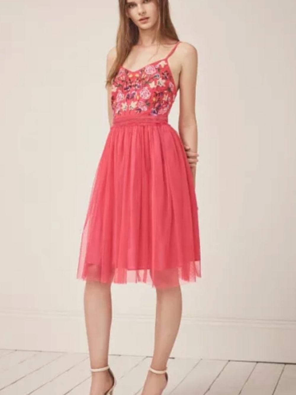 French Connection Genoa Dress US 6 NEW floral embroidered Tulle Mini Midi Coral